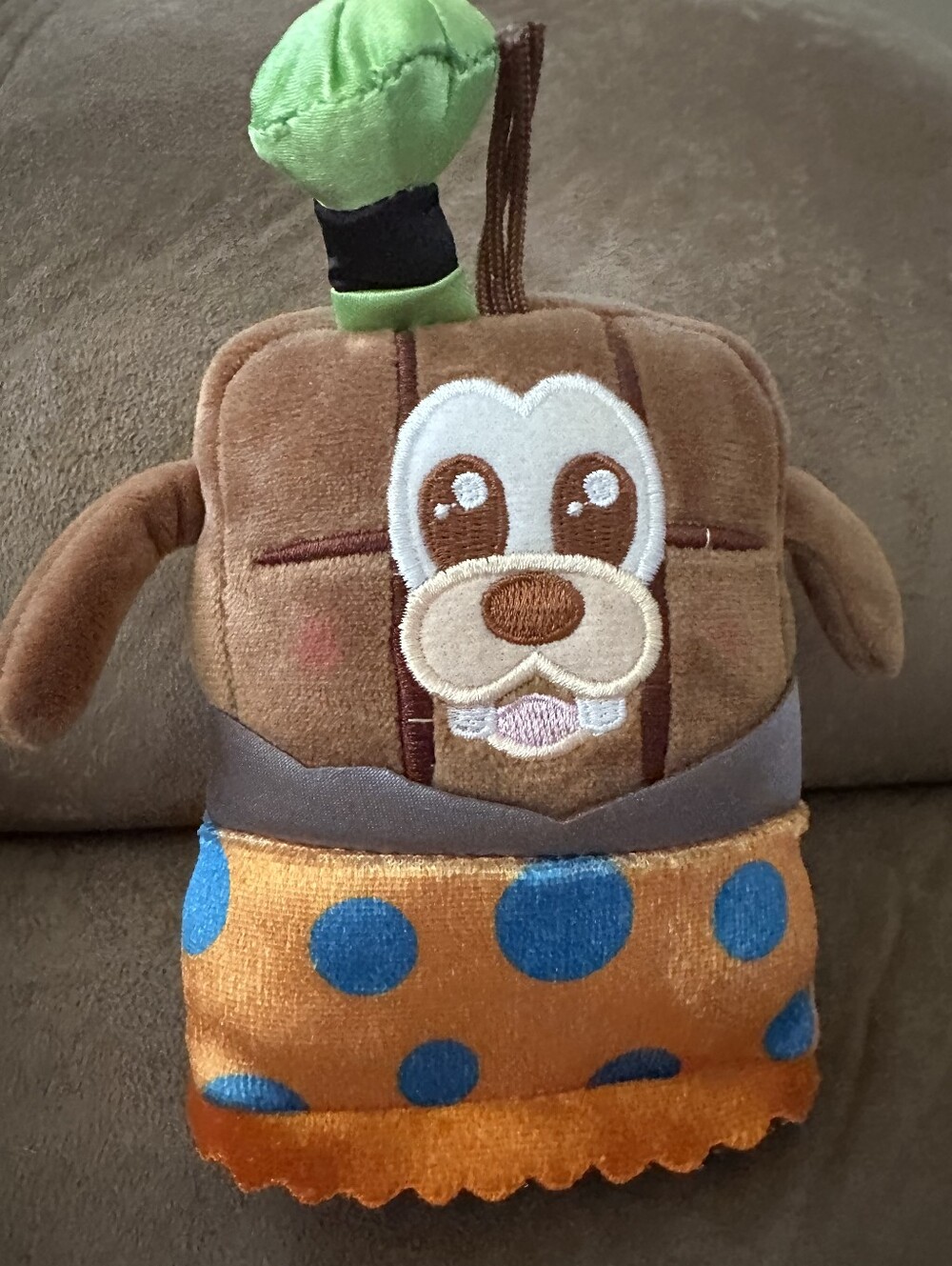 Plush Brown Dog Chew Toy with Orange & Blue Polka Dot Skirt